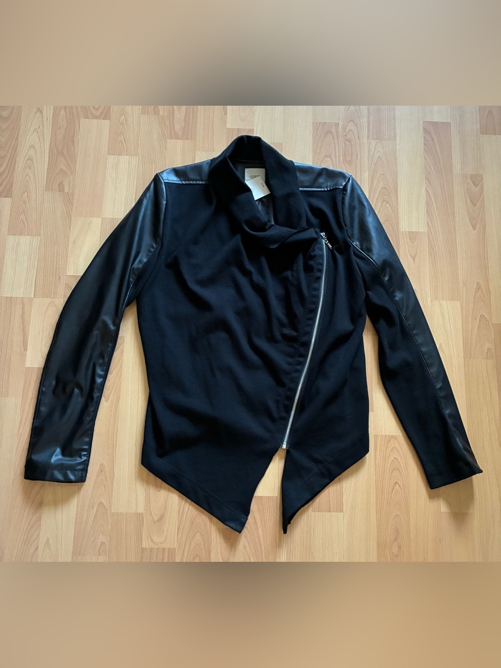 Guess Drape Front Jacket Womens Sz L Black Faux Leather Mixed Media Moto Edgy